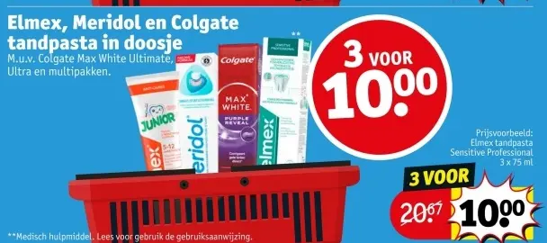 Aanbieding: Elmex, Meridol en Colgate tandpasta in doosje
