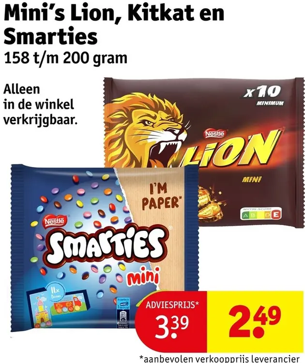 Aanbieding: Mini's Lion, Kitkat en Smarties