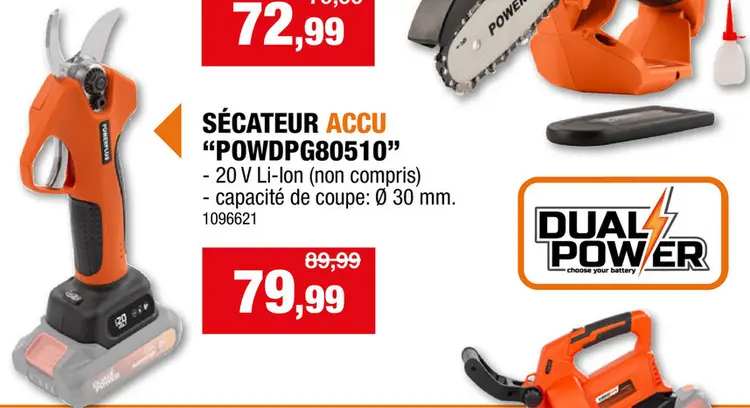 Offre: Powerplus Dual Power POWDPG80510 sécateur sans fil 20V Li-Ion 30mm batterie non comprise