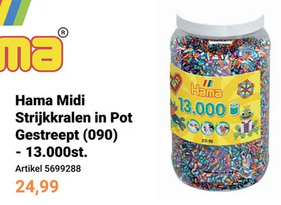 Aanbieding: Hama Midi Strijkkralen in Pot - Gestreept (090), 13.000st.