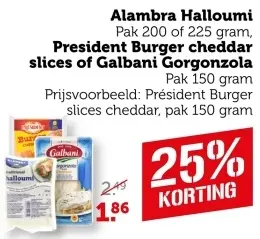 Aanbieding: Alambra Halloumi, President Burger cheddar slices of Galbani Gorgonzola