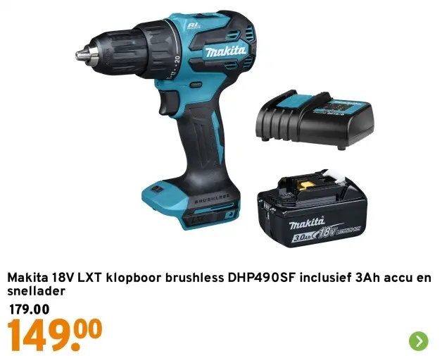 Aanbieding: 18V LXT klopboor brushless DHP490SF inclusief 3Ah accu en snellader