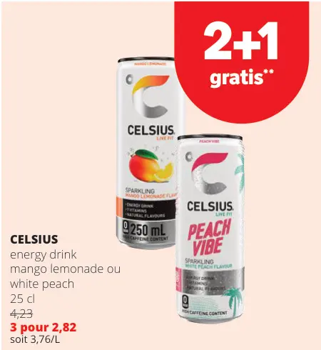 Offre: Celsius energy drink mango lemonade ou white peach