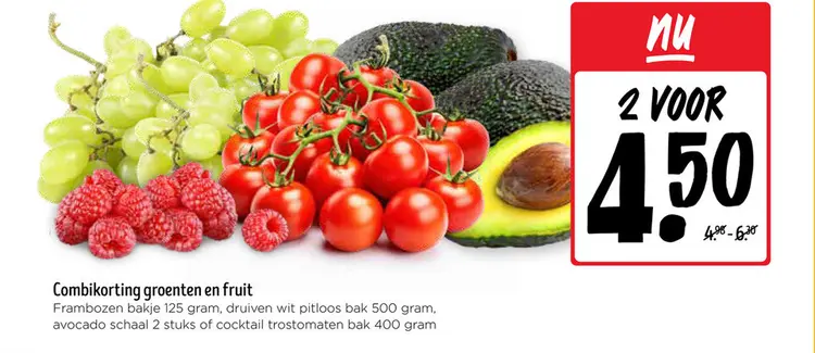 Aanbieding: Frambozen, witte druiven pitloos, avocado, cocktail trostomaten