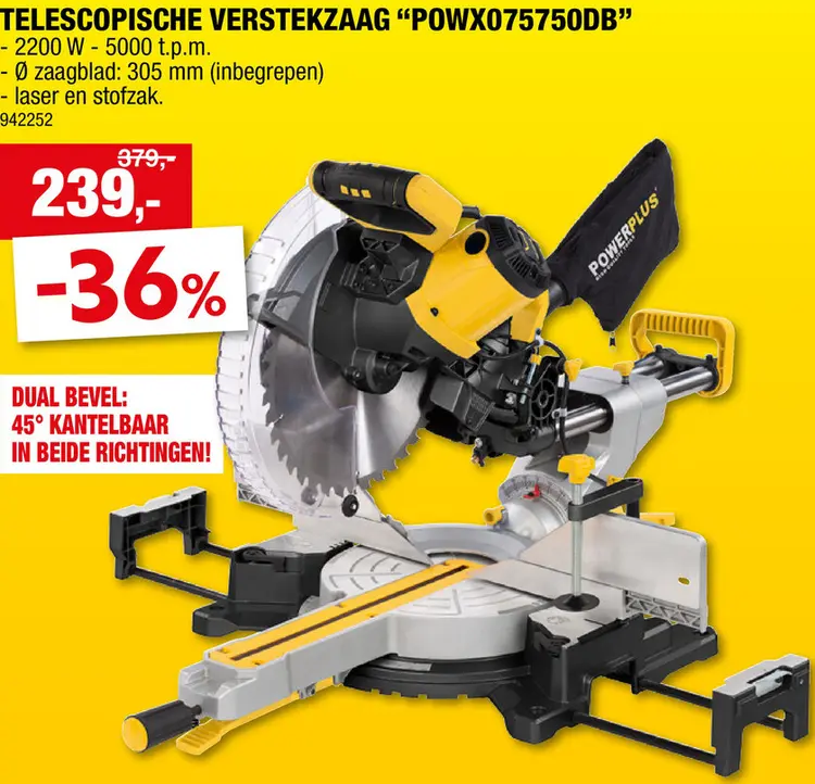 Aanbieding: Powerplus POWX075750DB telescopische dubbele verstekzaag 2200W 305mm