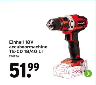 Aanbieding: Einhell 18V accuboormachine TE-CD 18/40 LI