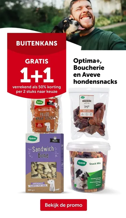 Promotie: Optima+, Boucherie en Aveve hondensnacks
