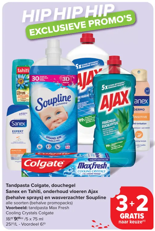 Aanbieding: Tandpasta Colgate, douchegel Sanex en Tahiti, onderhoud vloeren Ajax (behalve sprays) en wasverzachter Soupline