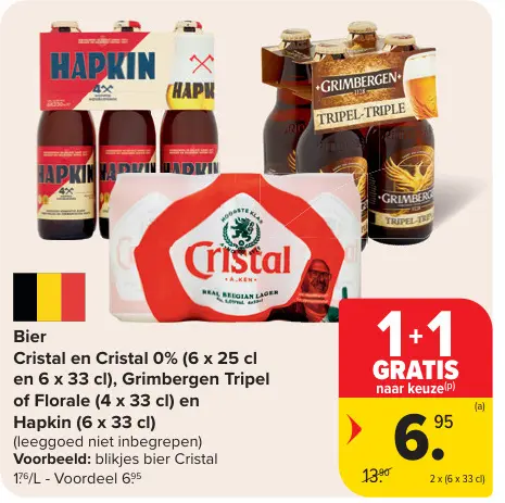 Promotie: Bier Cristal en Cristal 0%, Grimbergen Tripel of Florale en Hapkin