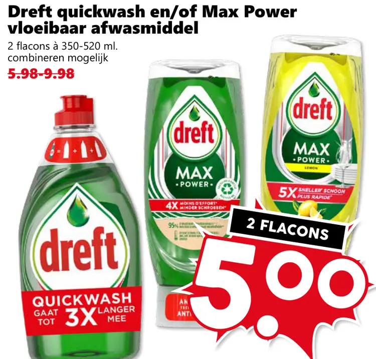 Aanbieding: Quickwash en/of Max Power vloeibaar afwasmiddel