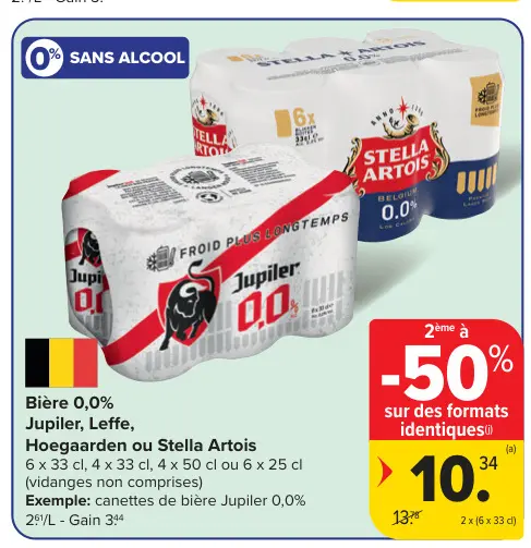 Offre: Bière 0,0%, jupiler, hoegaarden ou Stella Artois