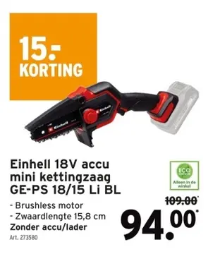 Aanbieding: Einhell 18V accu mini kettingzaag GE-PS 18/15