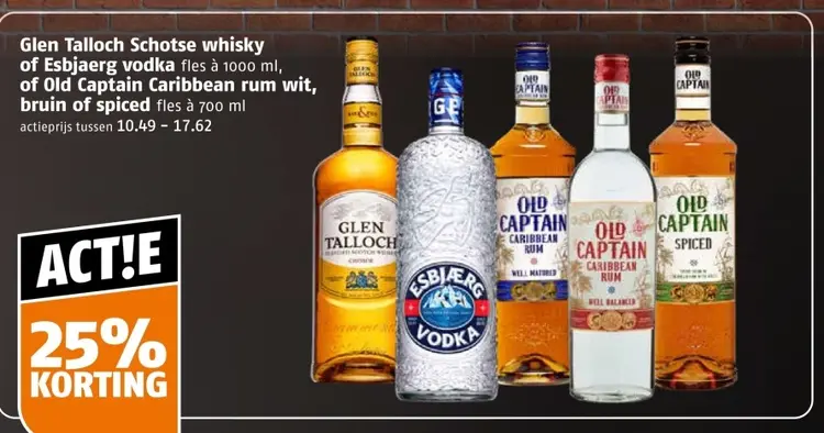 Aanbieding: Glen Talloch Schotse whisky of Esbjaerg vodka of Old Captain Caribbean rum wit, bruin of spiced