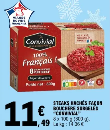 Offre: Convivial Steaks hachés façon bouchère surgelés