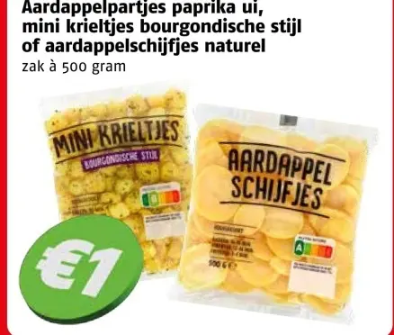 Aanbieding: Aardappelpartjes paprika ui, mini krieltjes bourgondische stijl of aardappelschijfjes naturel
