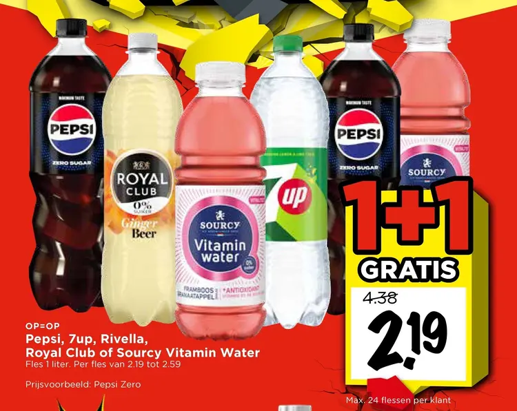 Aanbieding: Pepsi, 7up, Rivella, Royal Club of Sourcy Vitamin Water