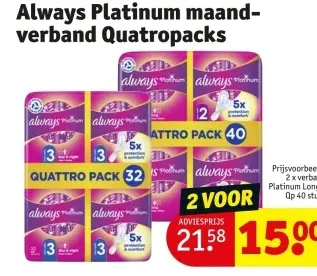 Aanbieding: Always Platinum maand- verband Quatropacks