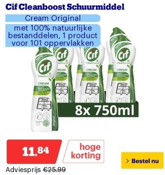 Aanbieding: Cif Cleanboost Schuurmiddel - Cream Original - met 100% natuurlijke bestanddelen, 1 product voor 101 oppervlakken - 8 x 750 ml
