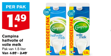 Aanbieding: Campina halfvolle of volle melk Pak van liter
