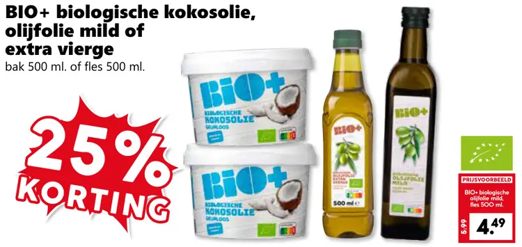 Aanbieding: BIO+ biologische kokosolie, olijfolie mild of extra vierge