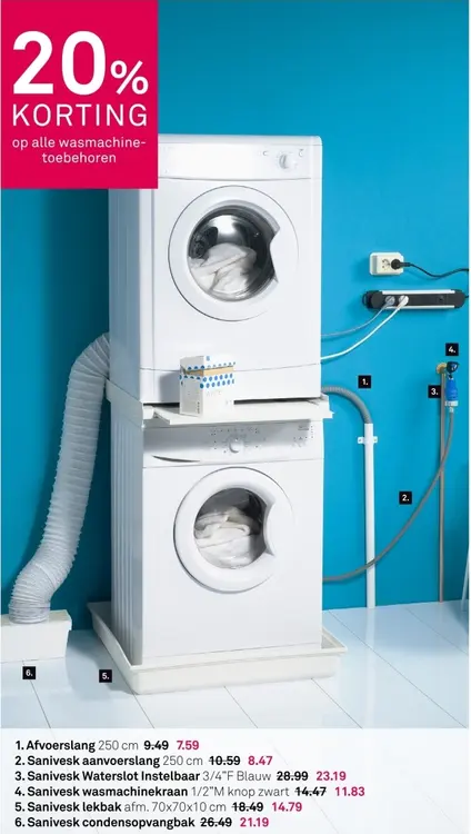Aanbieding: Afvoerslang, Sanivesk waterslot, wasmachinekraan, lekbak of condensopvangbak