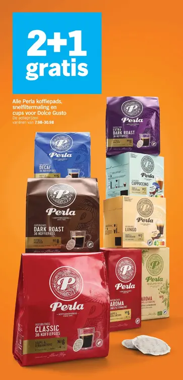 Aanbieding: Alle Perla koffiepads, snelfiltermaling en cups