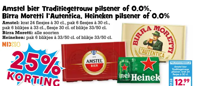 Aanbieding: Amstel bier Traditiegetrouw pilsener of 0.0%, Birra Moretti l' Autentica, Heineken pilsener of 0.0%