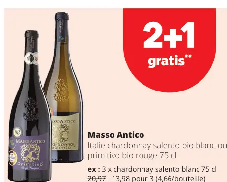 Offre: Masso Antico Italie chardonnay salento bio blanc ou primitivo bio rouge
