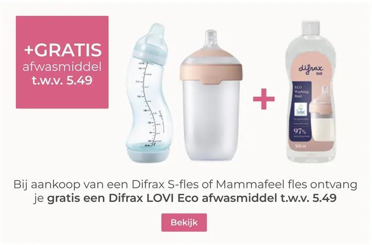 Aanbieding: Difrax S-fles of Mammafeel fles + GRATIS Difrax LOVI Eco afwasmiddel