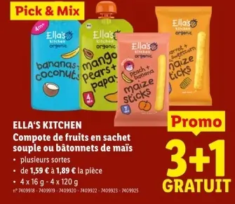 Offre: Compote de fruits en sachet souple ou bâtonnets de maïs