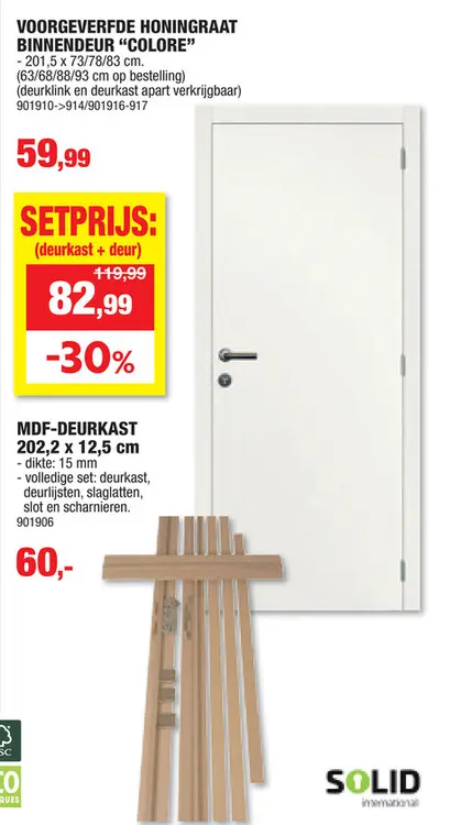 Promotie: Solid Portixx Colore P000 honingraat schilderdeur binnen 201,5x68 cm voorgeverfd
