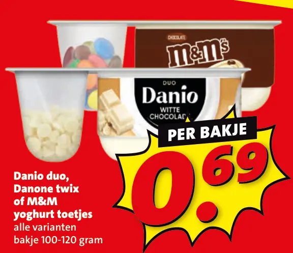 Aanbieding: Danio duo, Danone twix of M&M yoghurt toetjes