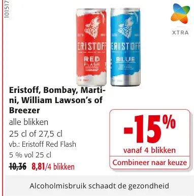 Promotie: Eristoff, Bombay, Martini, William Lawson's of breezer