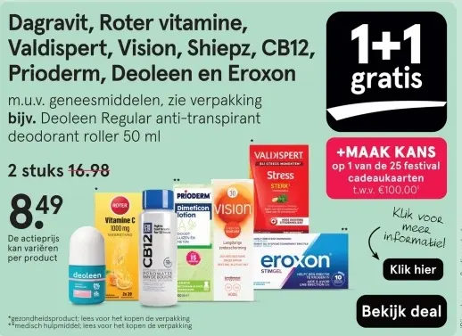 Aanbieding: Dagravit, Roter vitamine, Valdispert, Vision, Shiepz, CB12, Prioderm, Deoleen en Exoron