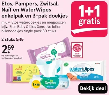 Aanbieding: Etos, Pampers, Zwitsal, Naïf en WaterWipes enkelpak en 3-pak doekjes