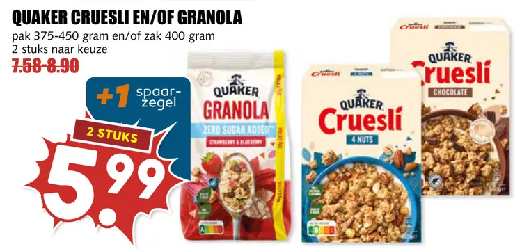 Aanbieding: Quaker cruesli en/of granola