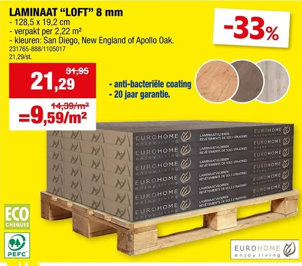Promotie: Eurohome Loft laminaat 2,22m² 8mm san diego oak