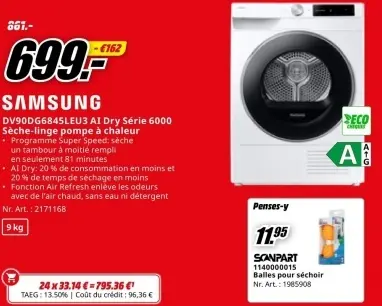 Offre: SAMSUNG DV90DG6845LEU3 AI Dry Série 6000 Sèch