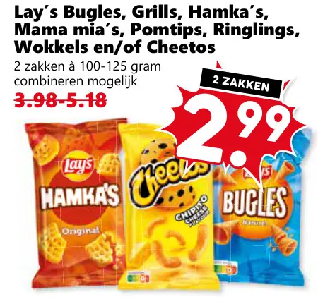 Aanbieding: Bugles, Grills, Hamka's, Mama mia's, Pomtips, Ringlings, Wokkels en/of Cheetos