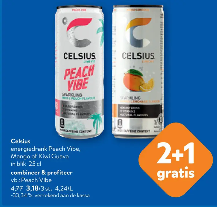 Promotie: Energiedrank Peach Vibe, Mango of Kiwi Guava