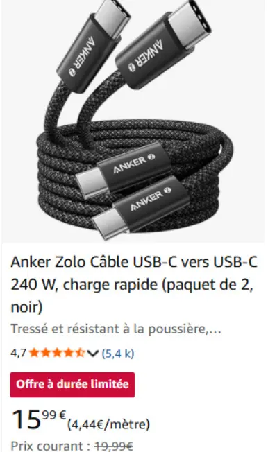 Offre: Zolo Câble USB-C vers USB-C 240 W, charge rapide