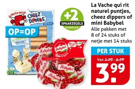 Aanbieding: La Vache qui rit naturel puntjes, cheez dippers of mini Babybel