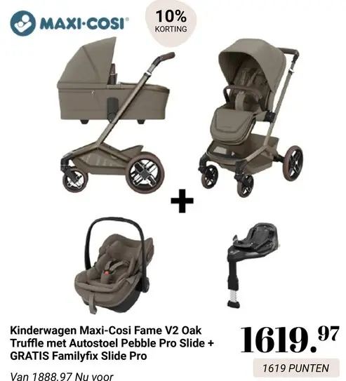 Aanbieding: Kinderwagen Fame V2 Oak Truffle met Autostoel Pebble Pro Slide + GRATIS Familyfix Slide Pro