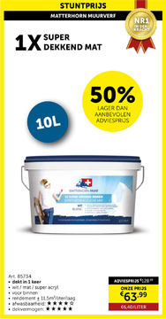 Aanbieding: Folderpromo -50% Matterhorn 1x Super Dekkende Muur- En Plafondverf 10l Wit