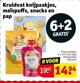 Promotie: knijpzakjes, maïspuffs, snacks en pap