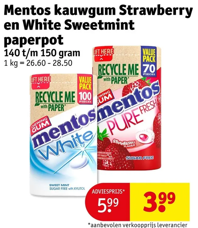 Promotie: Mentos kauwgum Strawberry en White Sweetmint 
