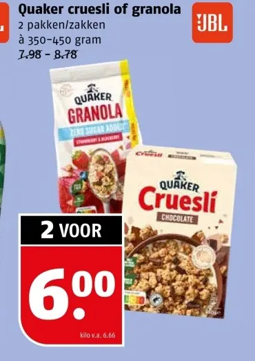 Aanbieding: Quaker cruesli of granola