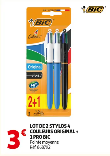 Offre: Lot de 2 stylos 4 couleurs original + 1 pro BIC