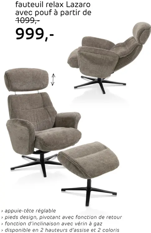 Offre: Fauteuil relax Lazaro avec pouf
