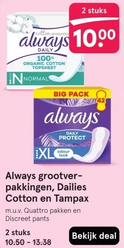 Aanbieding: grootverpakkingen, Dailies Cotton en Tampax